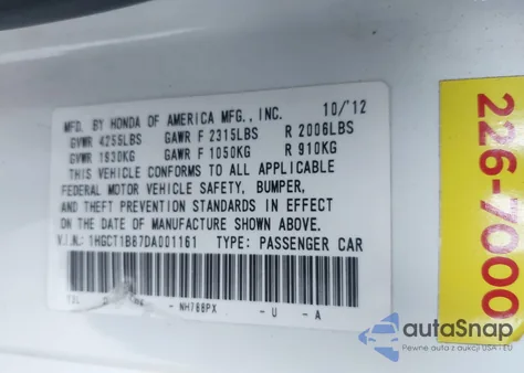 2013 Honda Accord Ex-L из США, поврежденный, VIN 1HGCT1B87DA001161